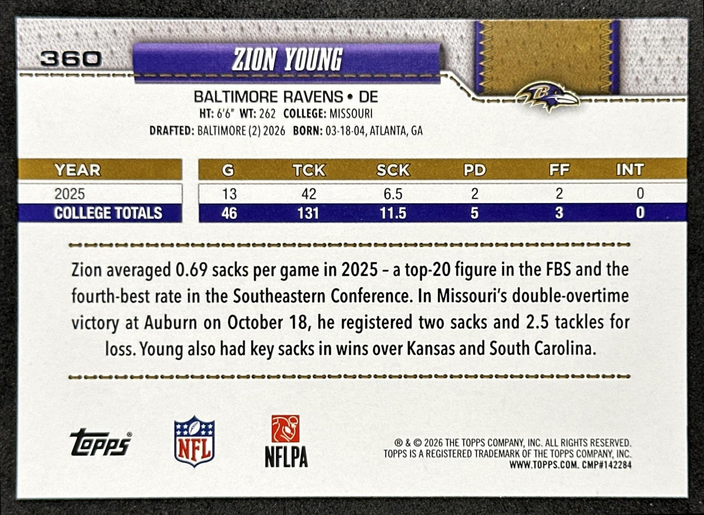 Zion Young 2026 Topps Flagship Rookie Ravens Sports Trading Cards