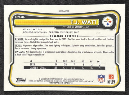 T.J. Watt 2026 Bowman Chrome NFL Refractor /499 Steelers Sports Trading Card