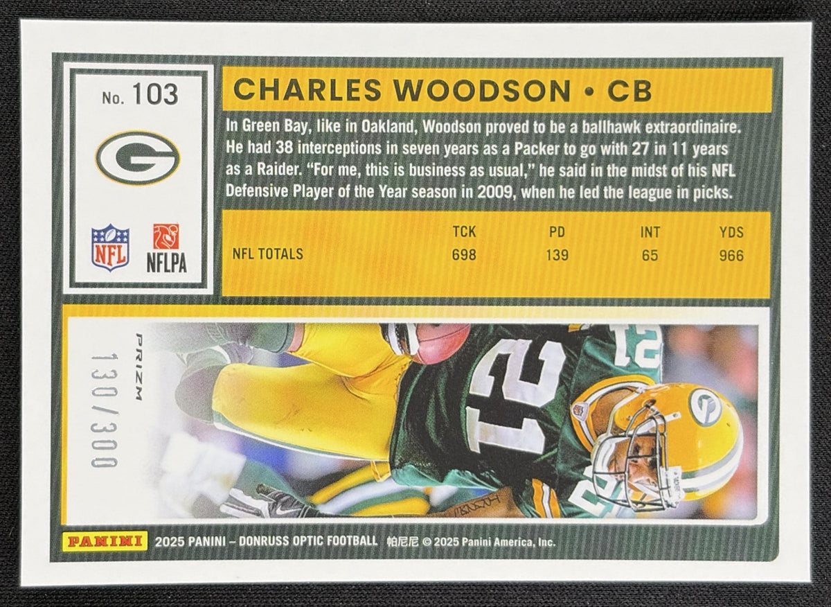 Charles Woodson 2025 Panini Donruss Optic Wave Prizm /300 Packers back