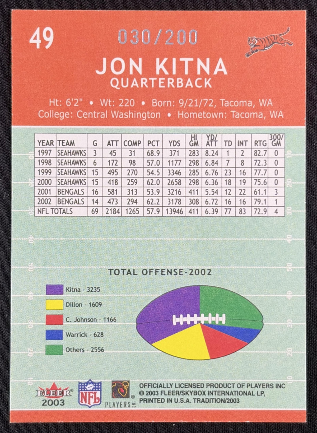 Jon Kitna 2003 Fleer Tradition Tiffany /200 Bengals