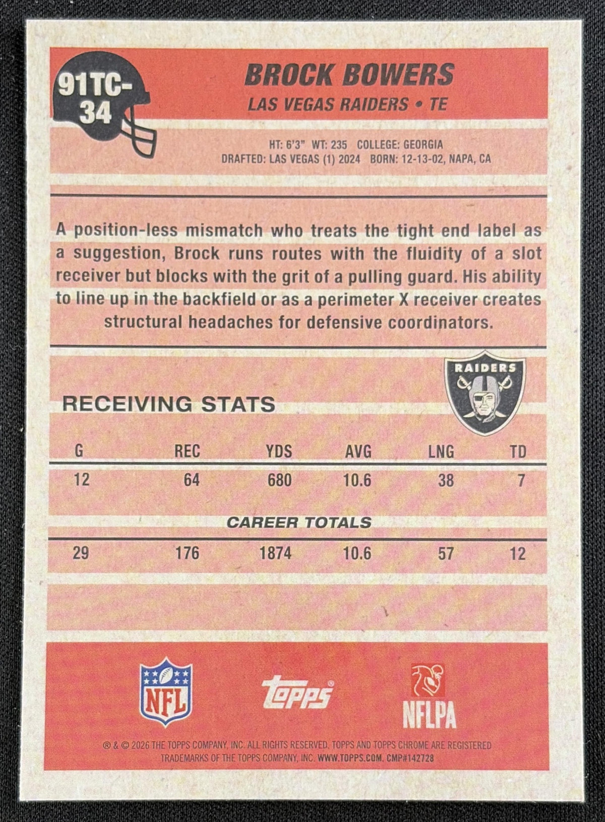 Brock Bowers 2026 Topps 1991 Chrome Mojo Refractor Raiders back