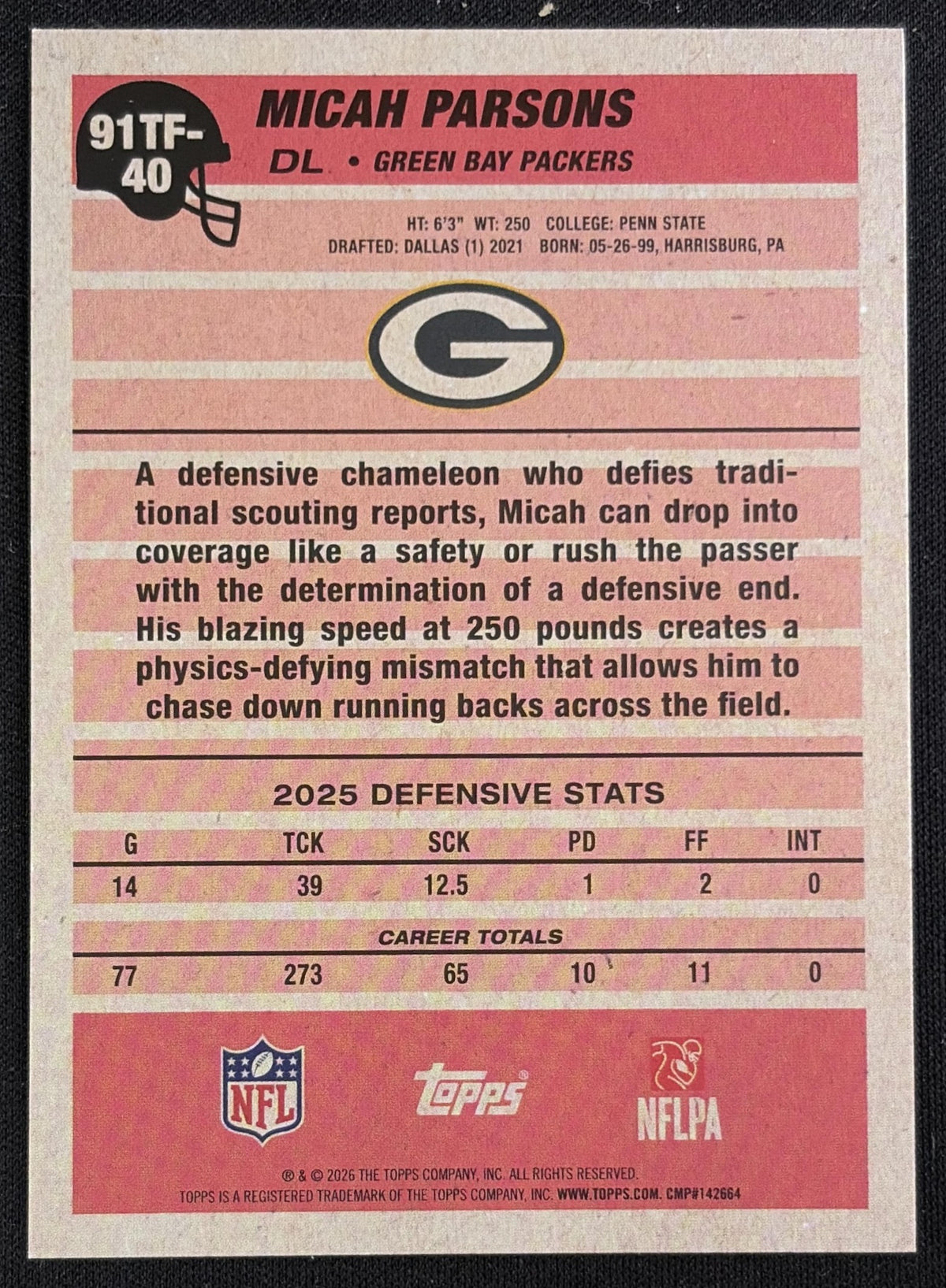 Micah Parsons 2026 Topps 1991 Topps Crackle Foil Packers Sports Trading Card