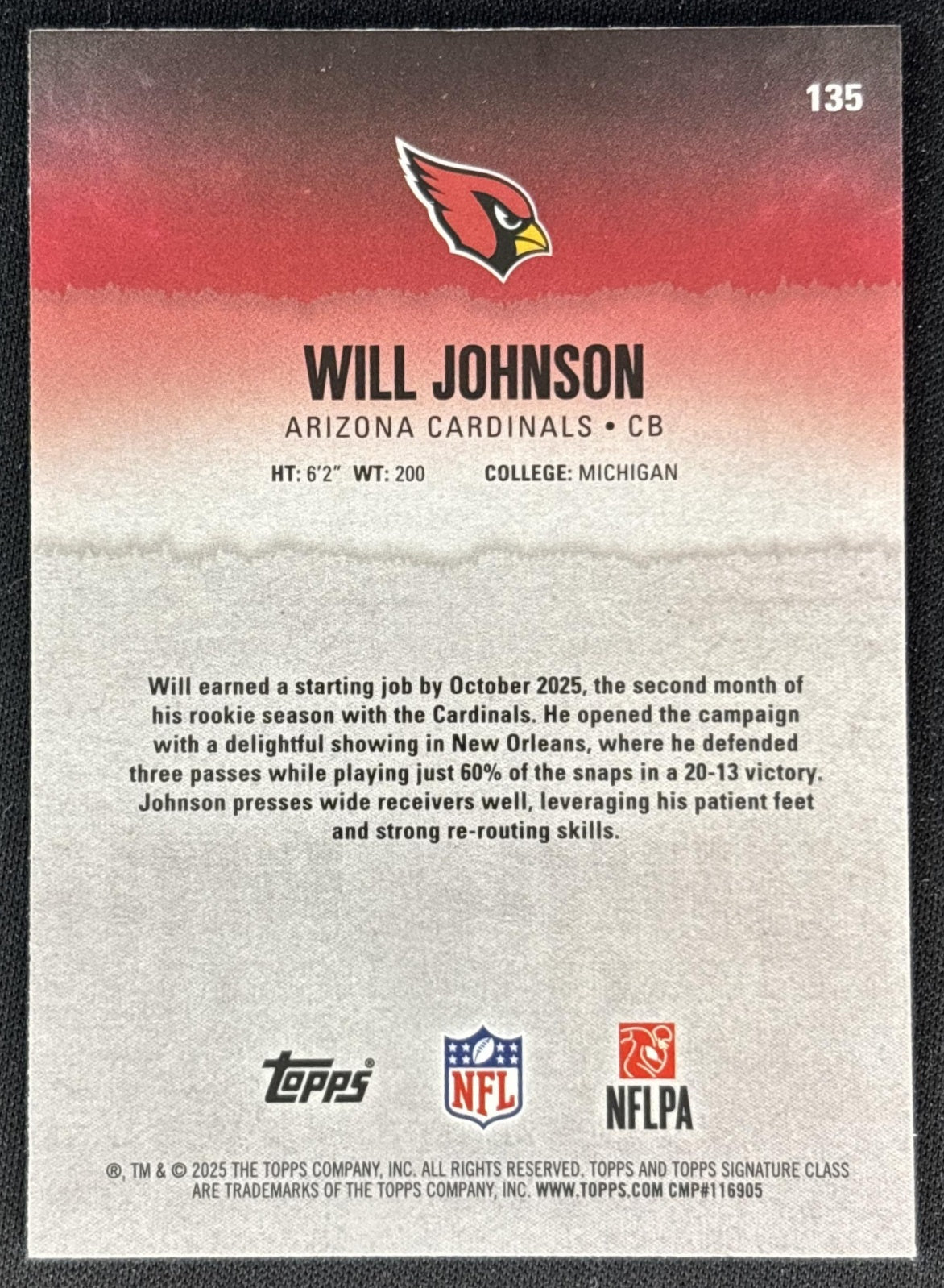 Will Johnson 2025 Signature Class Chrome Rookie Lime Refractor /175 Cardinals back