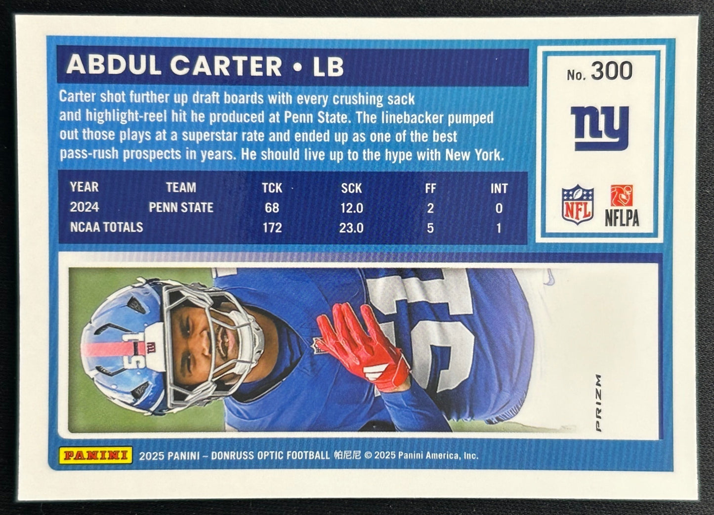 Abdul Carter 2025 Panini Donruss Optic Rated Rookie Purple Shock Prizm Giants Sports Trading Cards