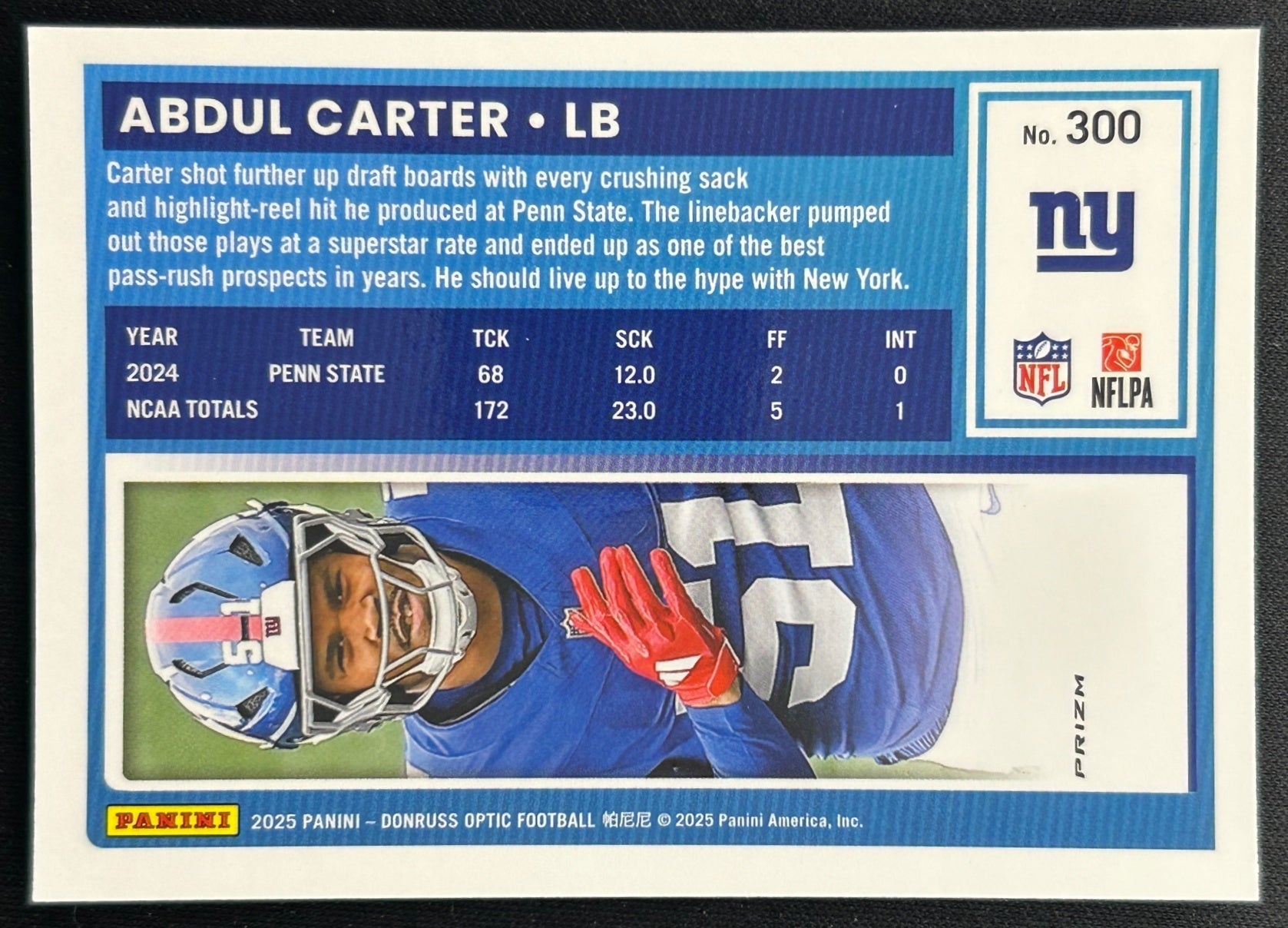 Abdul Carter 2025 Panini Donruss Optic Rated Rookie Purple Shock Prizm Giants Sports Trading Cards
