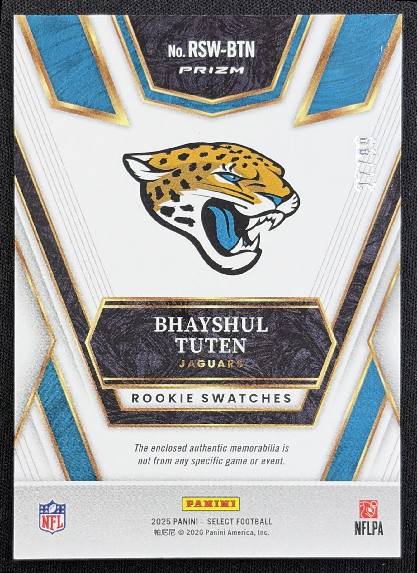 Bhayshul Tuten 2025 Panini Select Rookie Swatches White Prizm /99 Jaguars - back