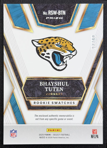 Bhayshul Tuten 2025 Panini Select Rookie Swatches White Prizm /99 Jaguars - back