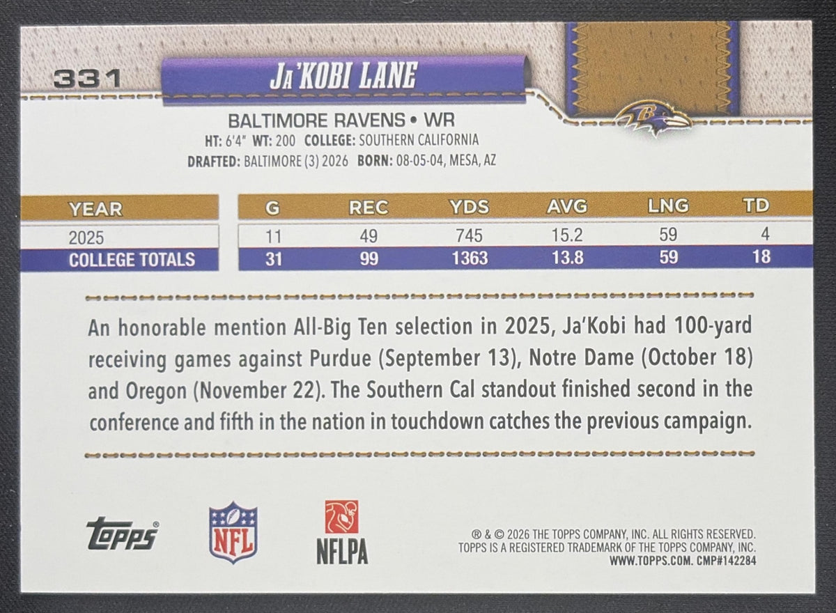 Ja'Kobi Lane 2026 Topps Fanatics Foil Ravens