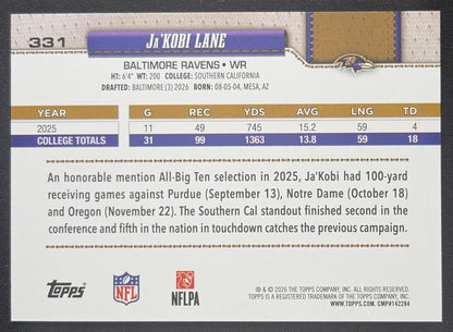 Ja'Kobi Lane 2026 Topps Fanatics Foil Ravens