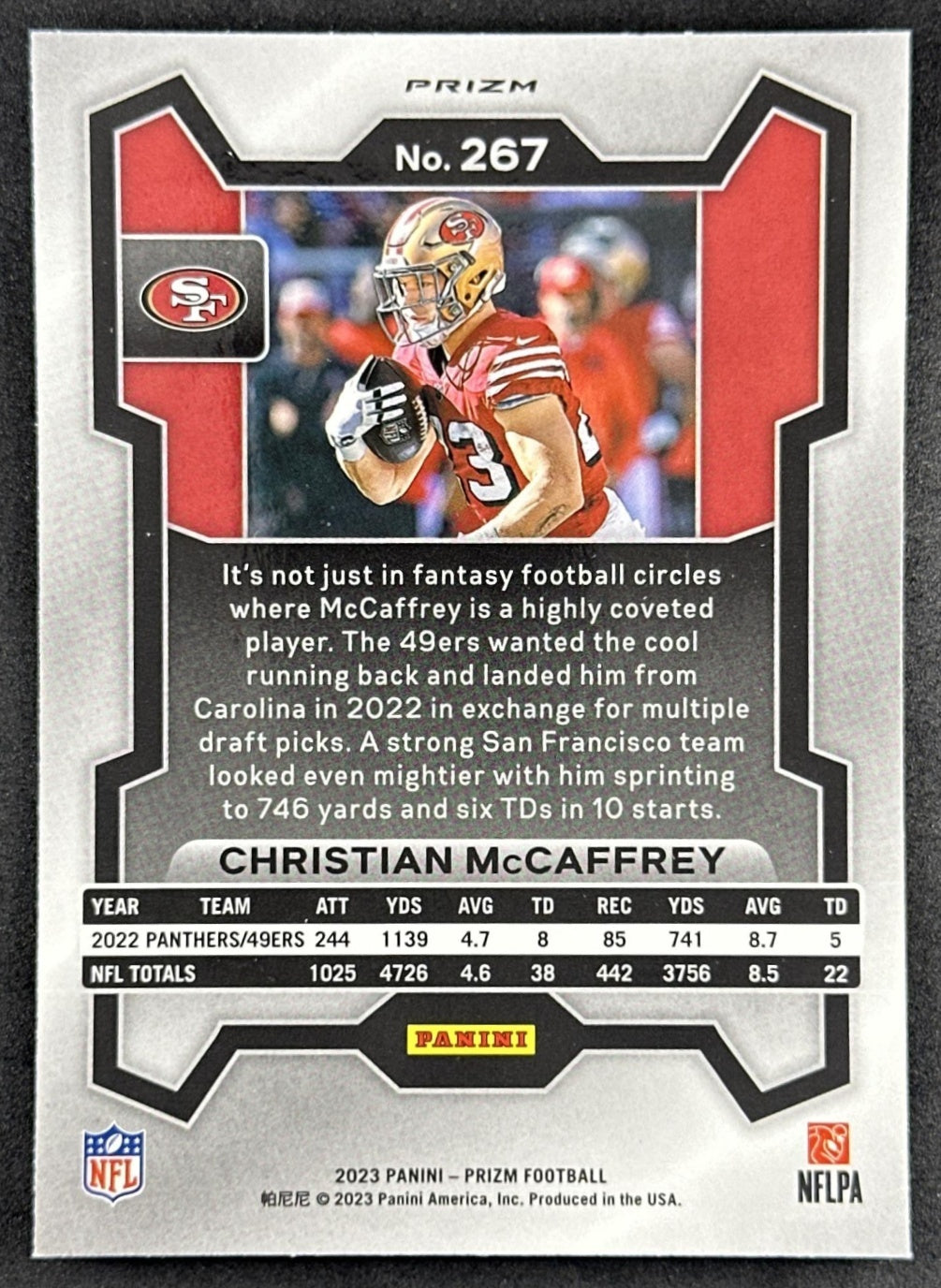 Christian McCaffrey 2023 Panini Prizm Silver 49ers Sports Trading Card