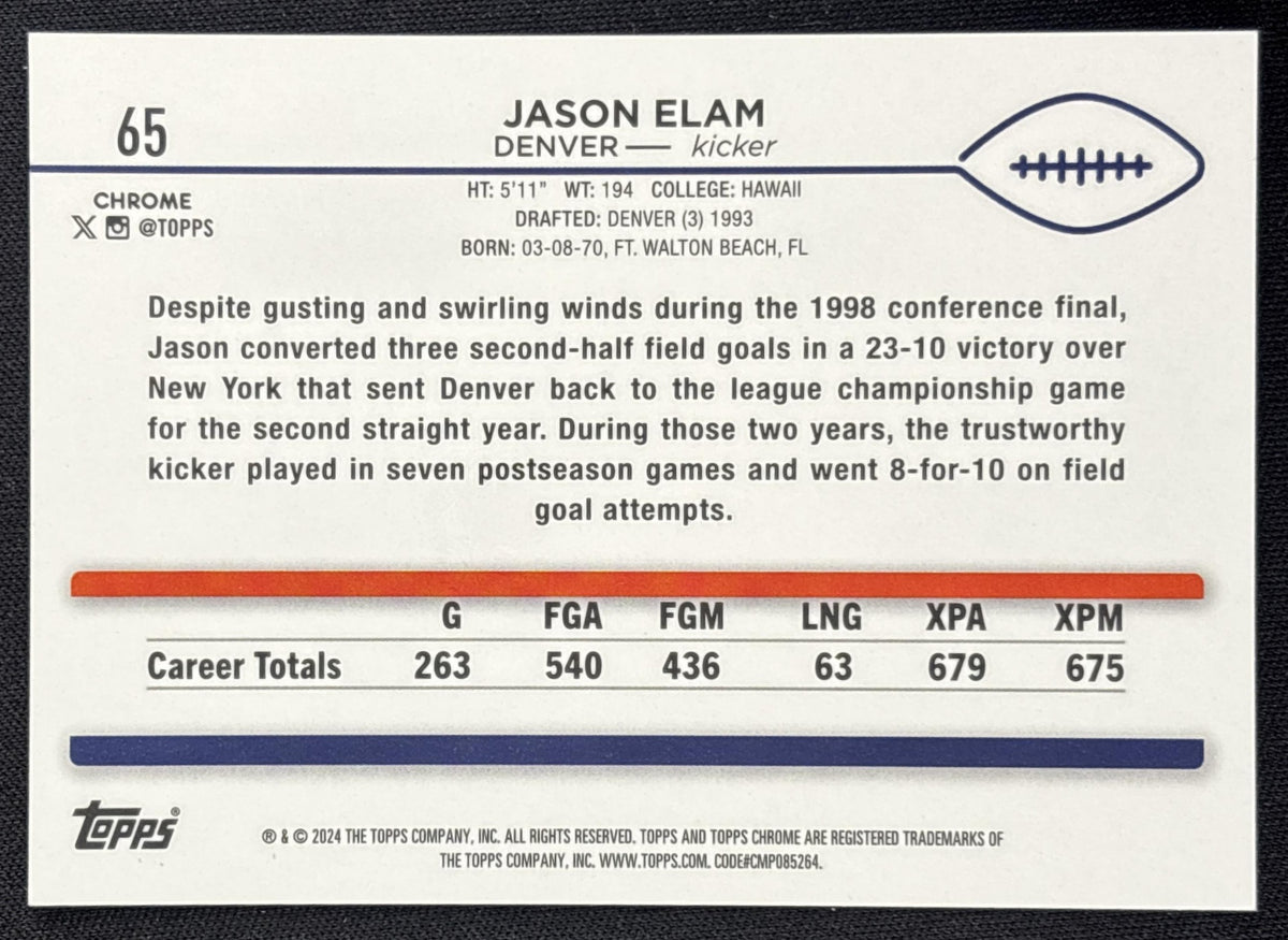 Jason Elam 2024 Topps Chrome Gold Wave Refractor /50 Broncos