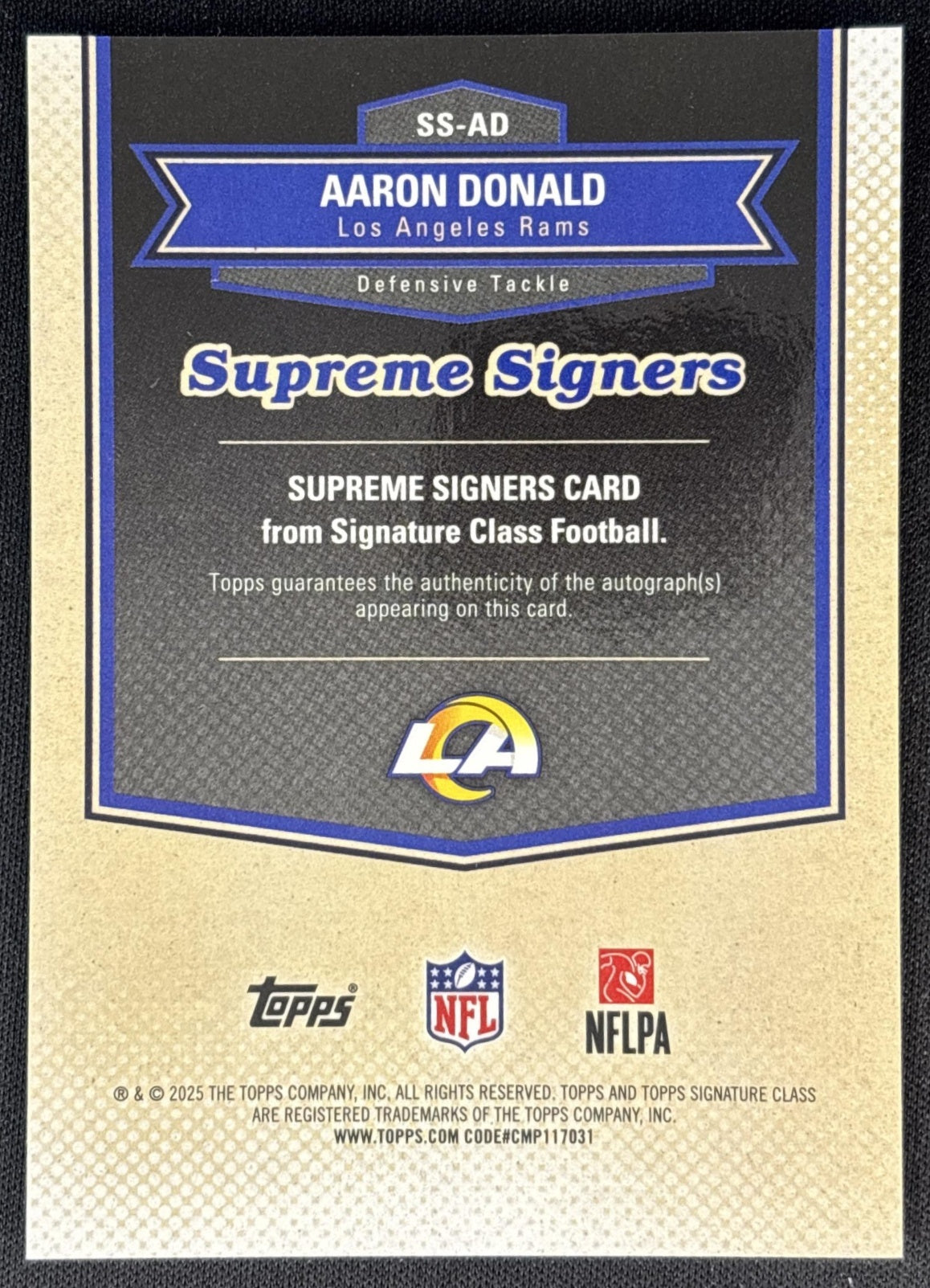 Aaron Donald 2025 Signature Class Supreme Signers Auto Orange Refractor /50 Rams back