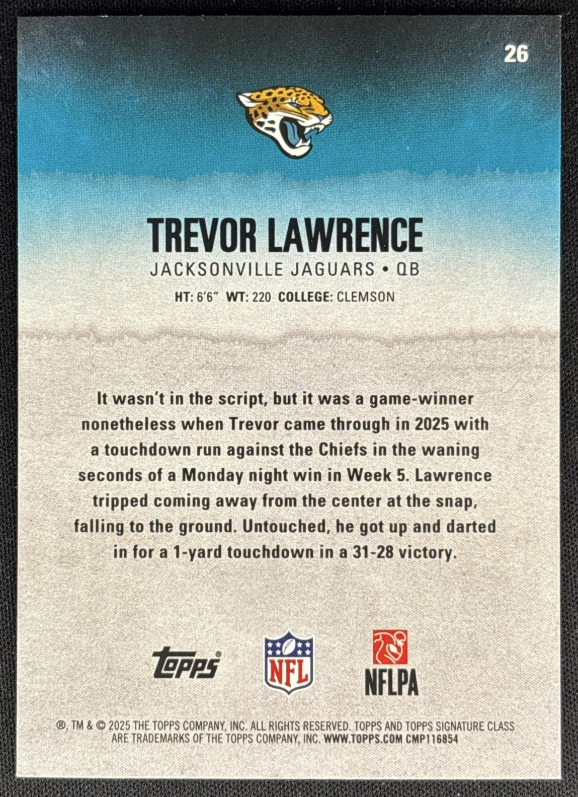 Trevor Lawrence 2025 Topps Signature Class Veteran Blue & Yellow Foil Jaguars back