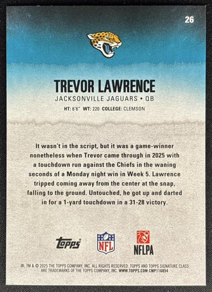 Trevor Lawrence 2025 Topps Signature Class Veteran Blue & Yellow Foil Jaguars back