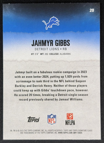 Jahmyr Gibbs 2025 Topps Signature Class Veteran Blue & Yellow Foil Lions back