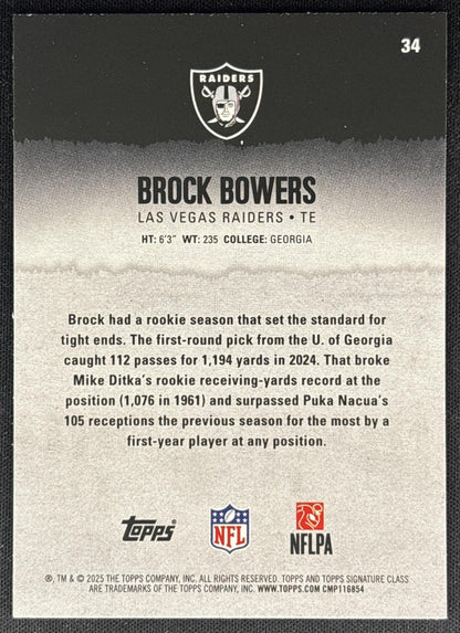 Brock Bowers 2025 Topps Signature Class Veteran Blue & Yellow Foil Raiders Back