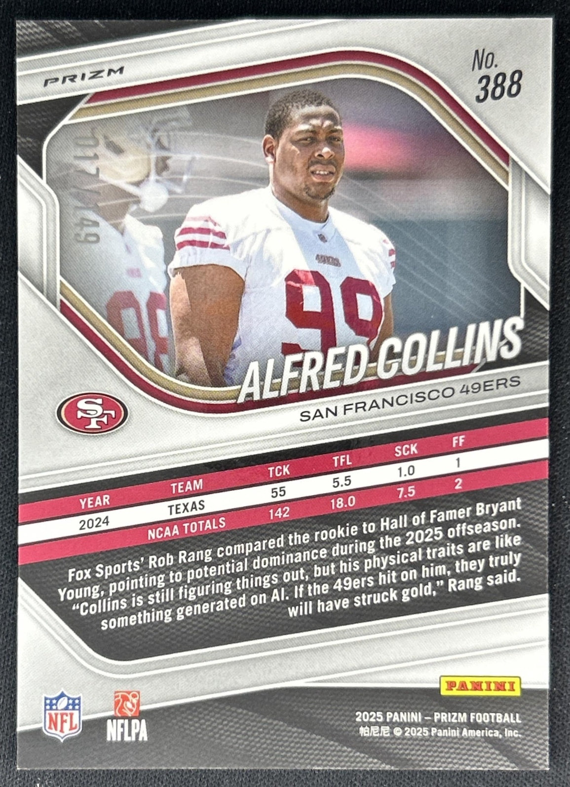 Alfred Collins 2025 Panini Prizm Red Wave /149 49ers Back