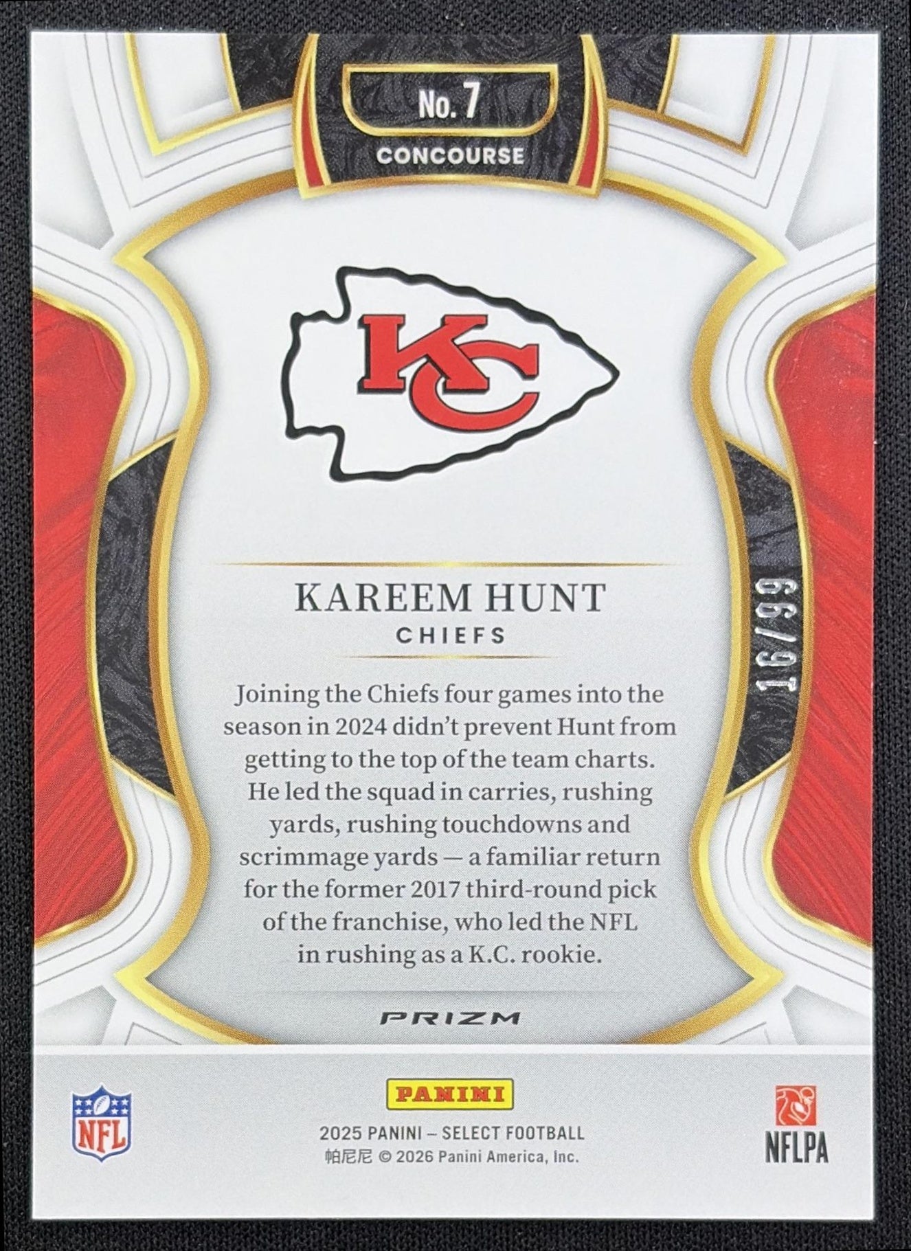 Kareem Hunt 2025 Panini Select Concourse Red Prizm /99 Chiefs back