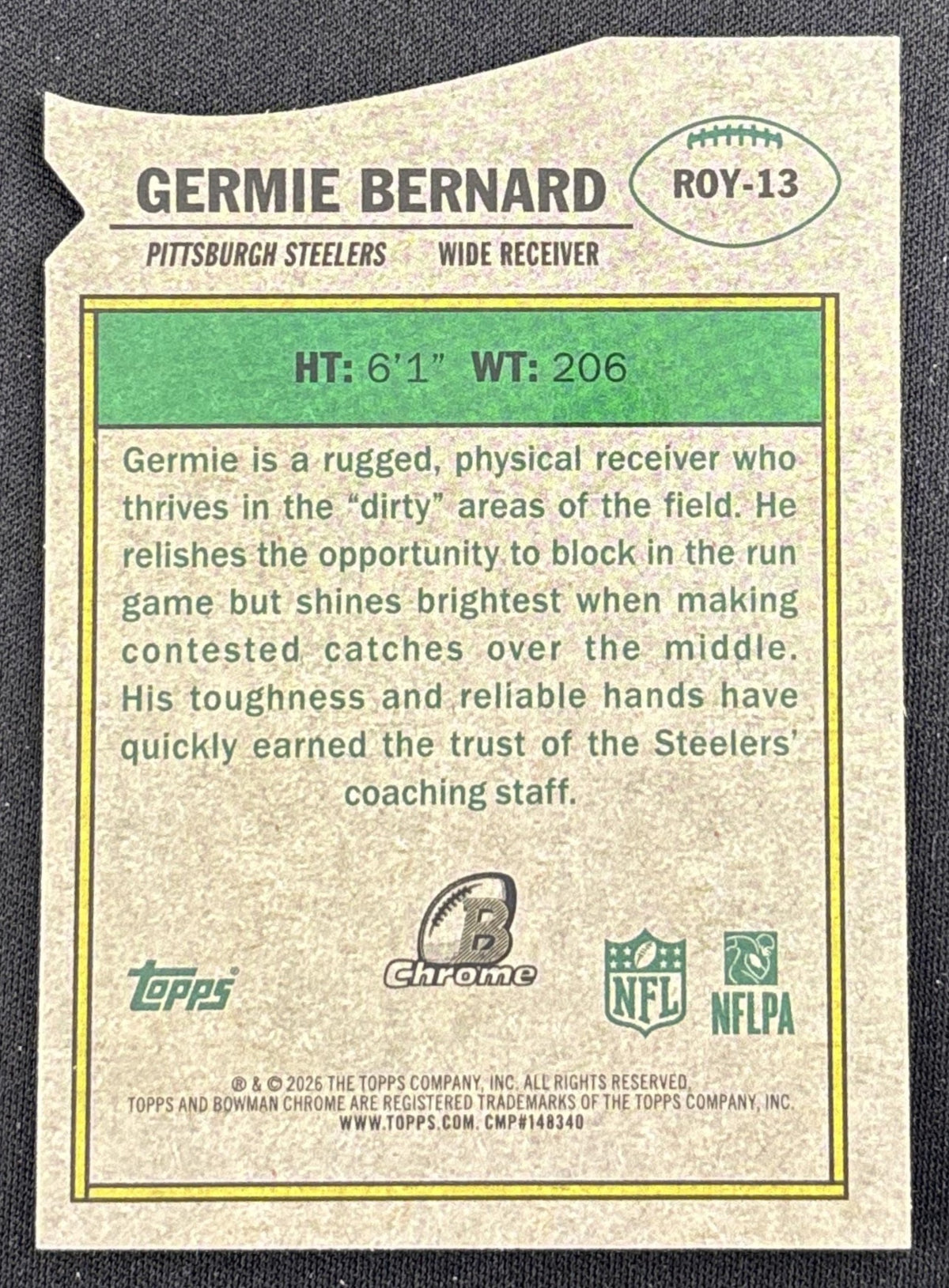 Germie Bernard 2026 Bowman Chrome ROY Favorites Steelers