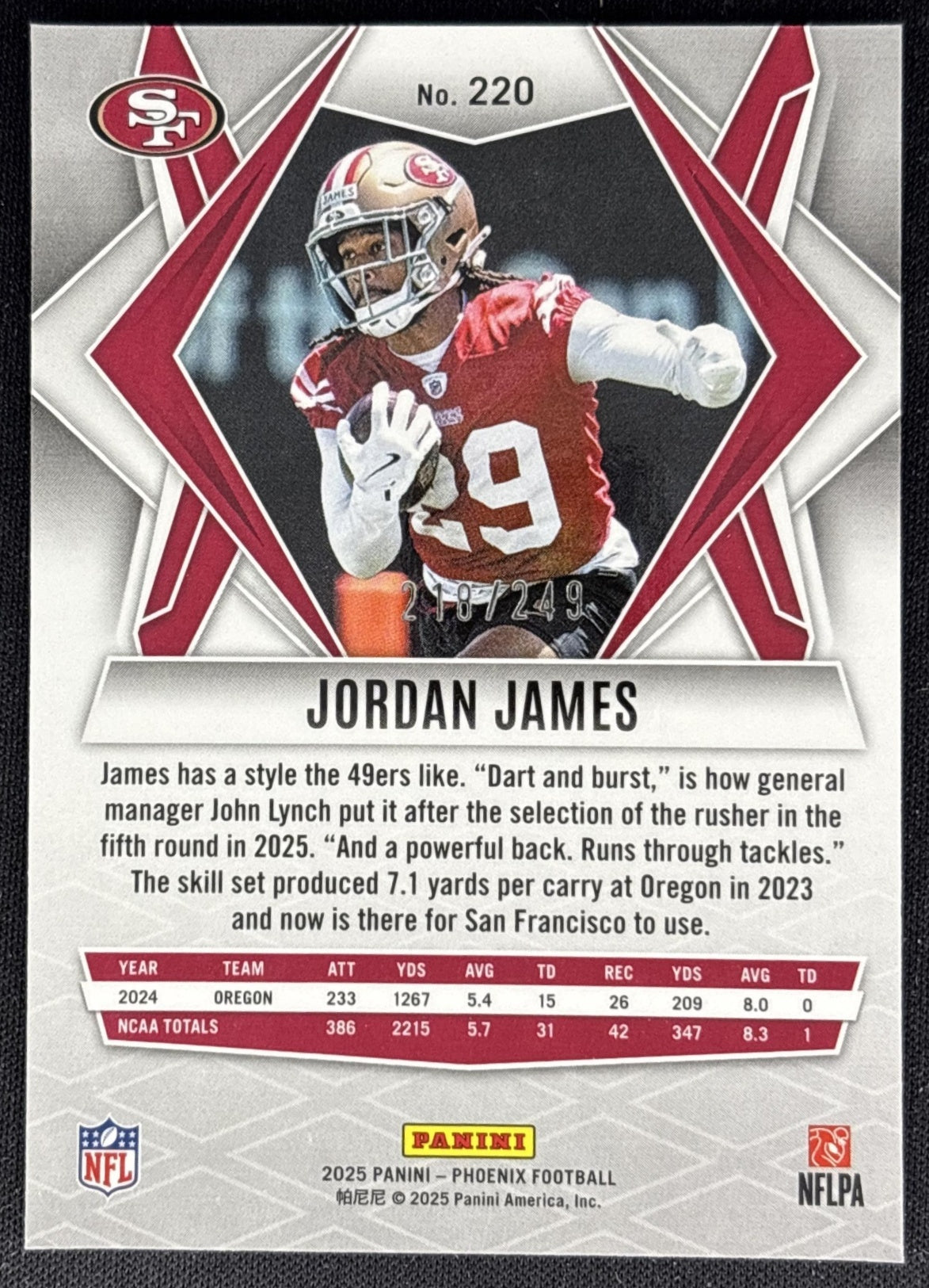 Jordan James 2025 Panini Phoenix Purple Hyper Prizm /249 49ers back