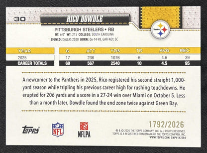 Rico Dowdle 2026 Topps Gold /2026 Steelers