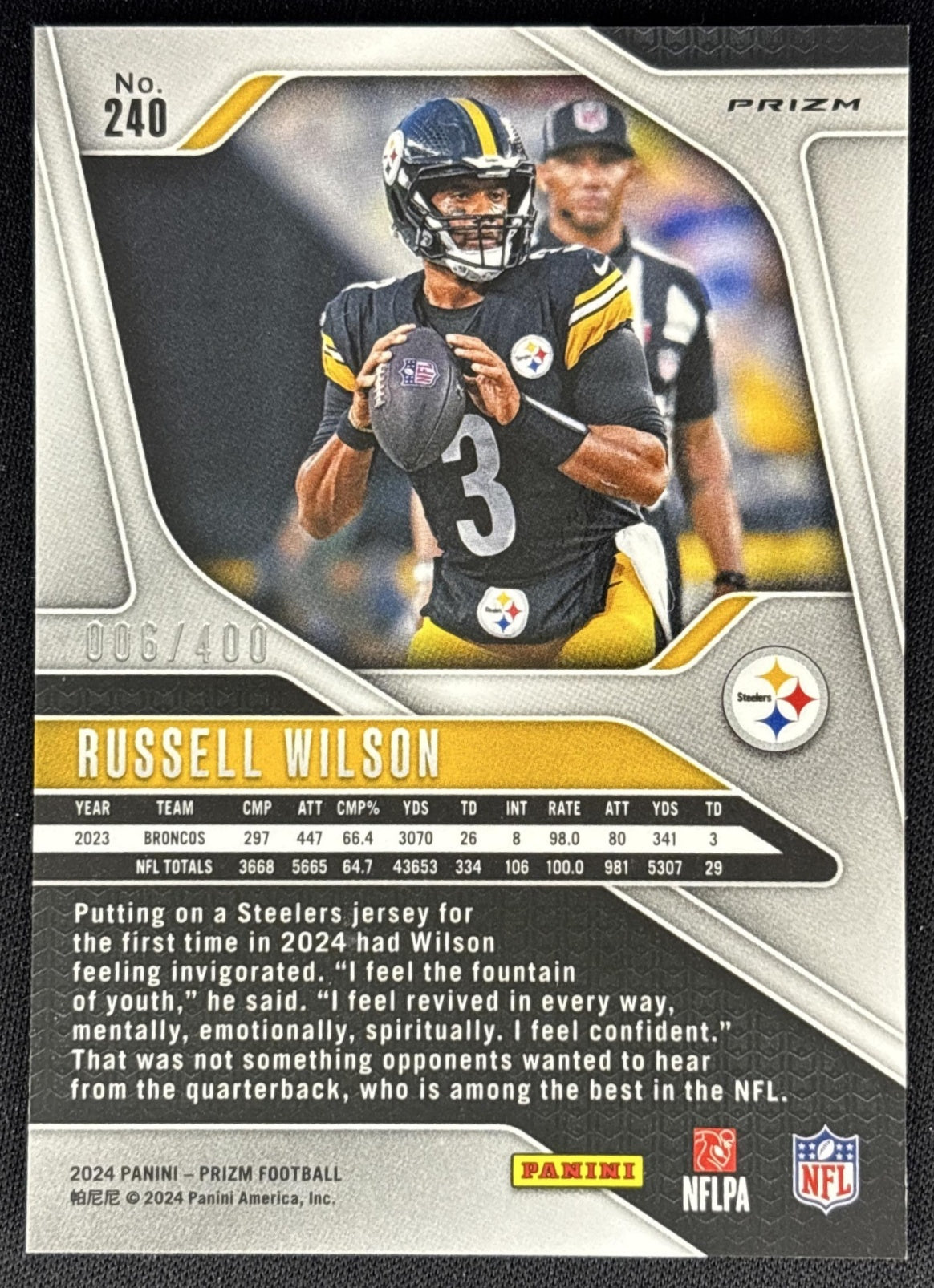 Russell Wilson 2024 Panini Prizm Pandora /400 Steelers back