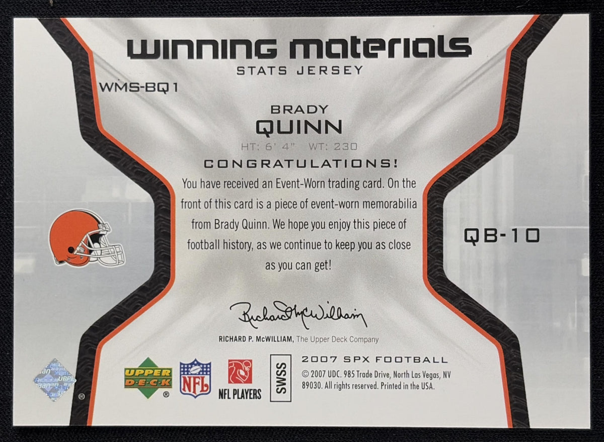 Brady Quinn 2007 SPx Winning Materials Stats Jersey Browns Sports Trading Card
