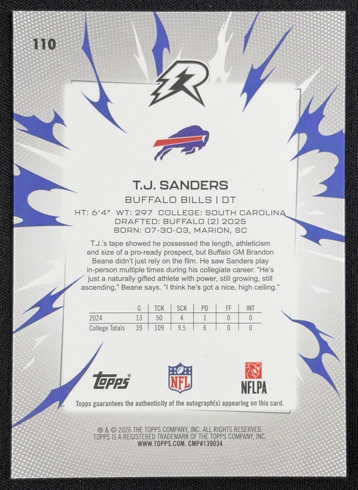 T.J. Sanders 2025 Topps Resurgence Rookie Signatures Gold Static Refractor /50 Bills