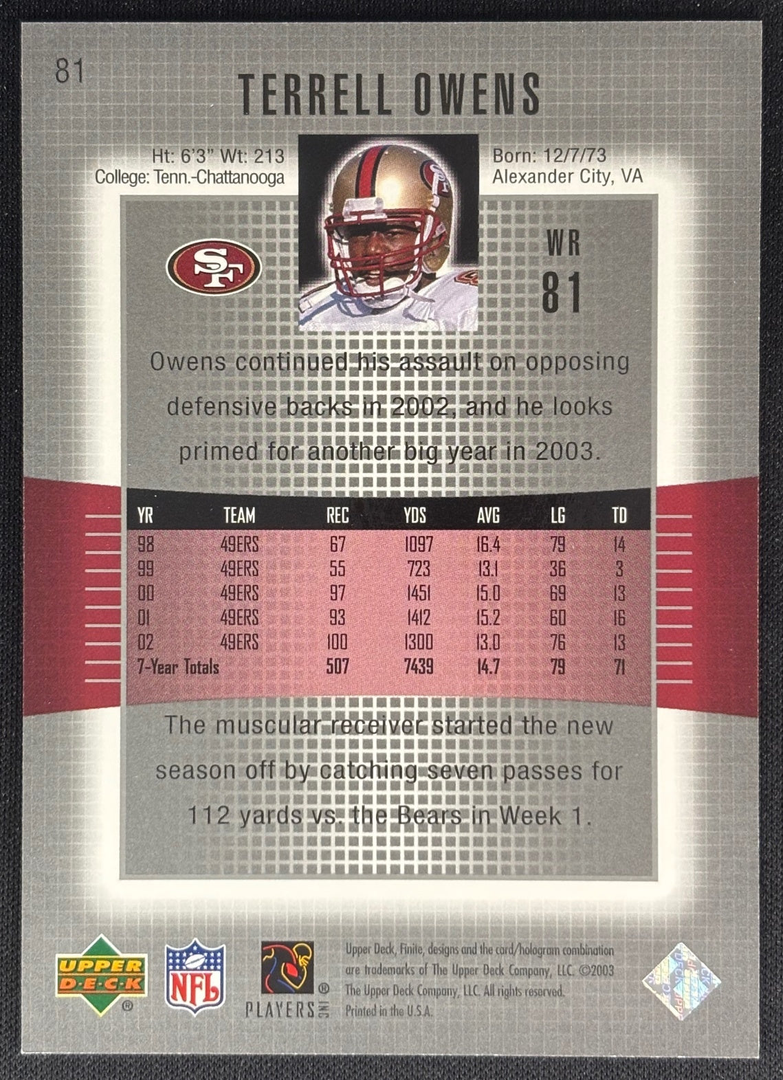 Terrell Owens 2003 Upper Deck Finite /2350 49ers Sports Trading Cards