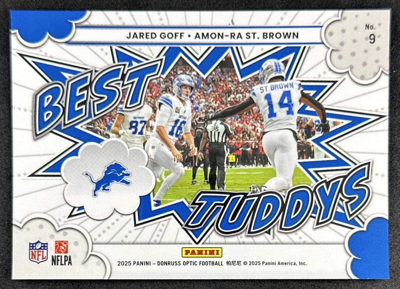 Amon-Ra St. Brown Jared Goff 2025 Panini Donruss Optic Best Tuddys Lions back