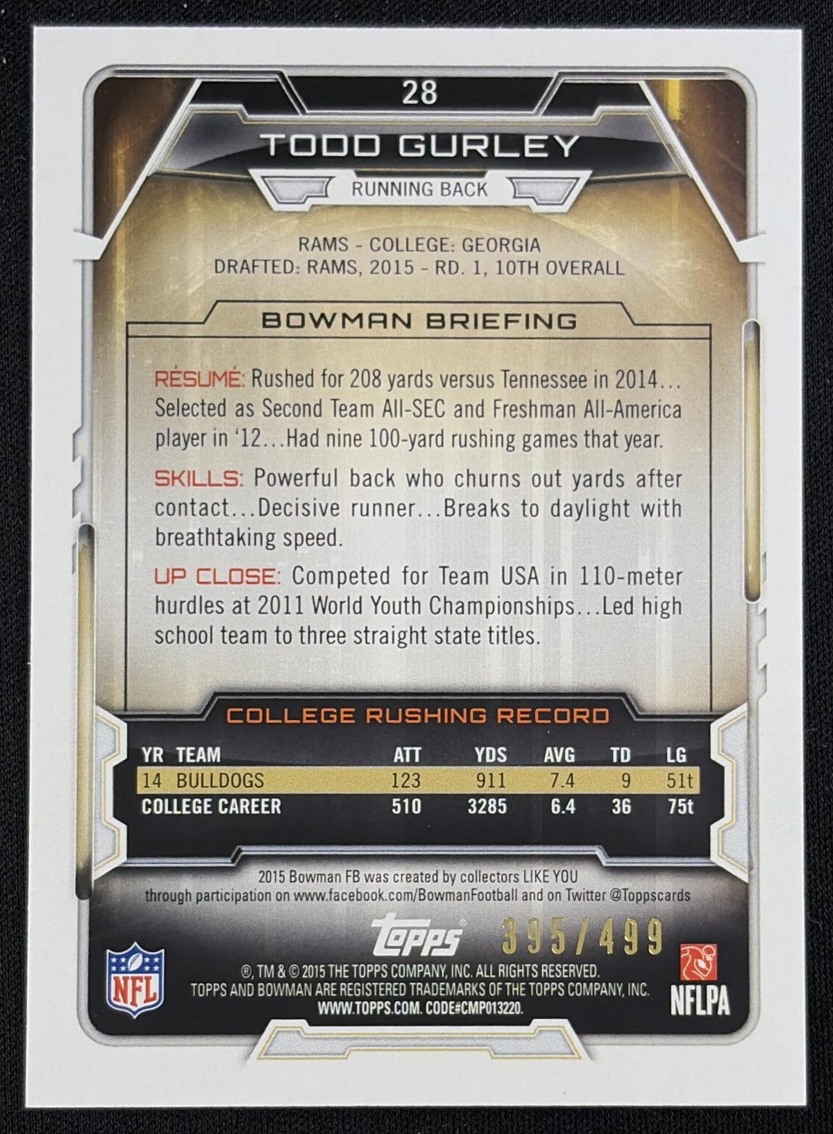 Back of Todd Gurley 2015 Bowman Rookies Rainbow Blue /499 Rams sports trading card