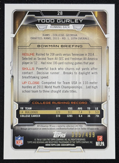 Back of Todd Gurley 2015 Bowman Rookies Rainbow Blue /499 Rams sports trading card