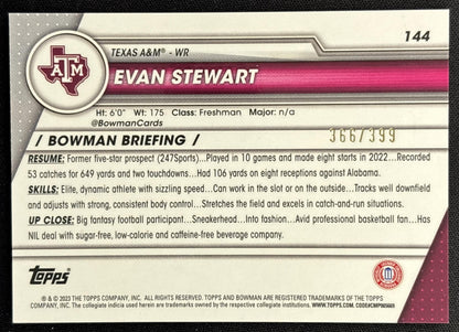 Evan Stewart 2023 University Chrome Purple Mini Diamond Refractor /399 Aggies back