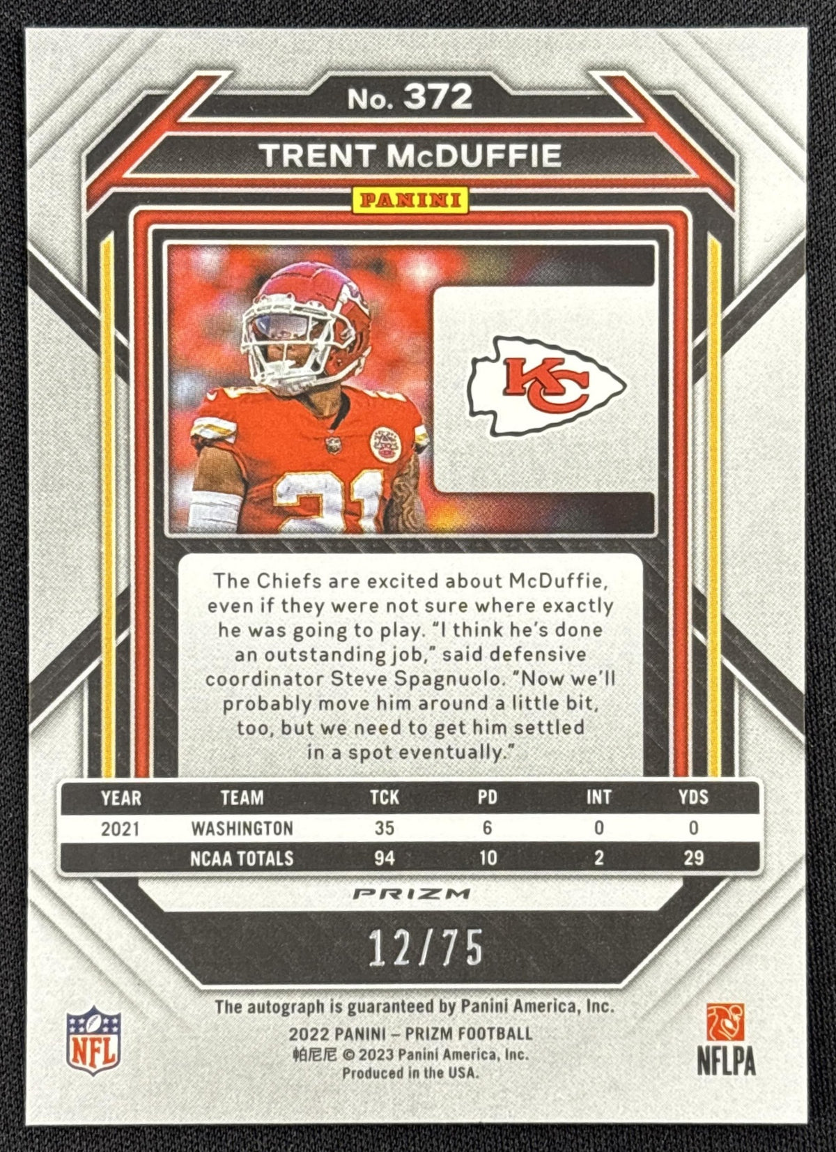 Trent McDuffie 2022 Panini Prizm Rookie Auto Green Scope /75 Chiefs