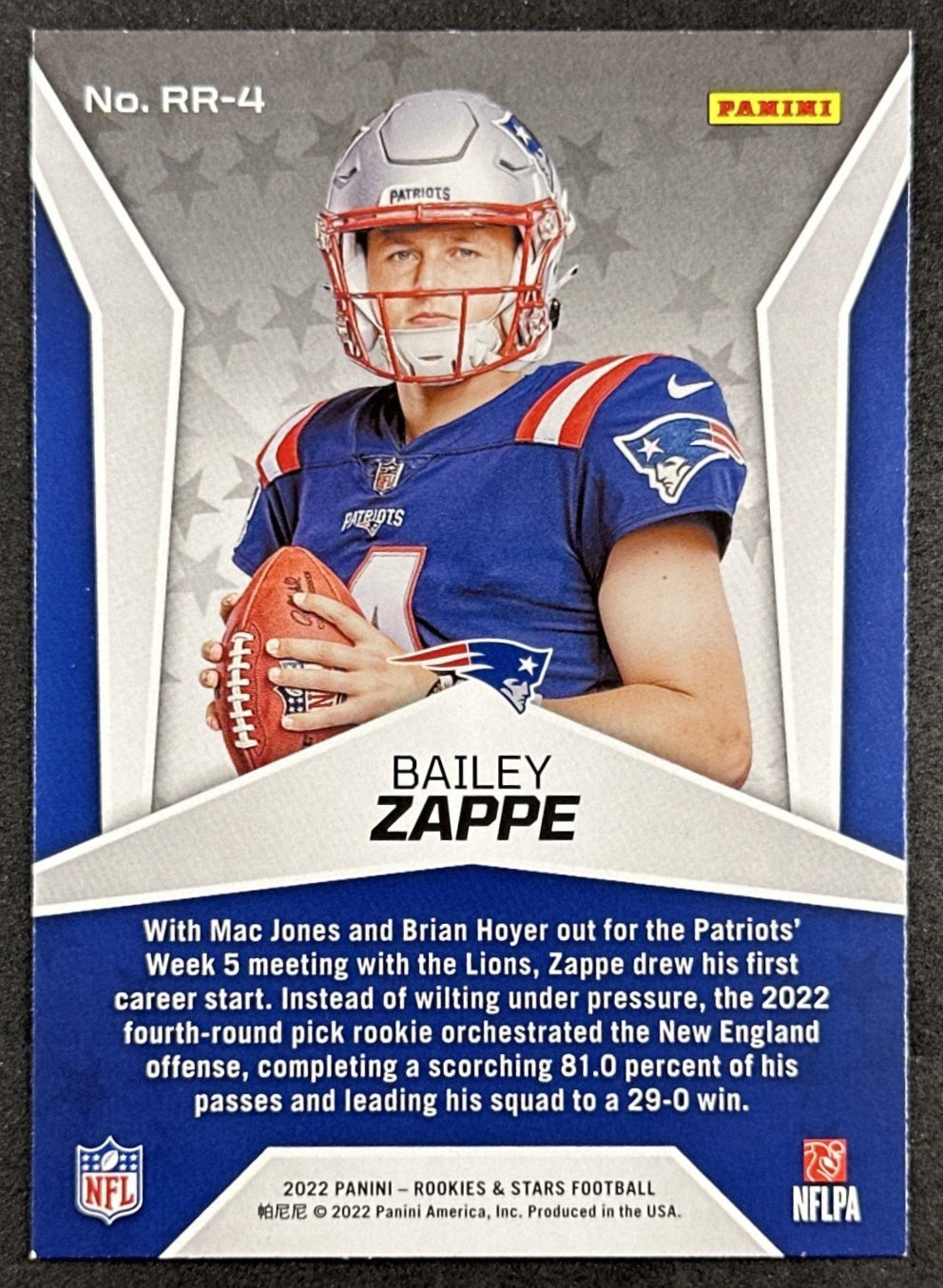 Bailey Zappe Rookie Rush 2022 Rookies & Stars Patriots Jets back sports trading card