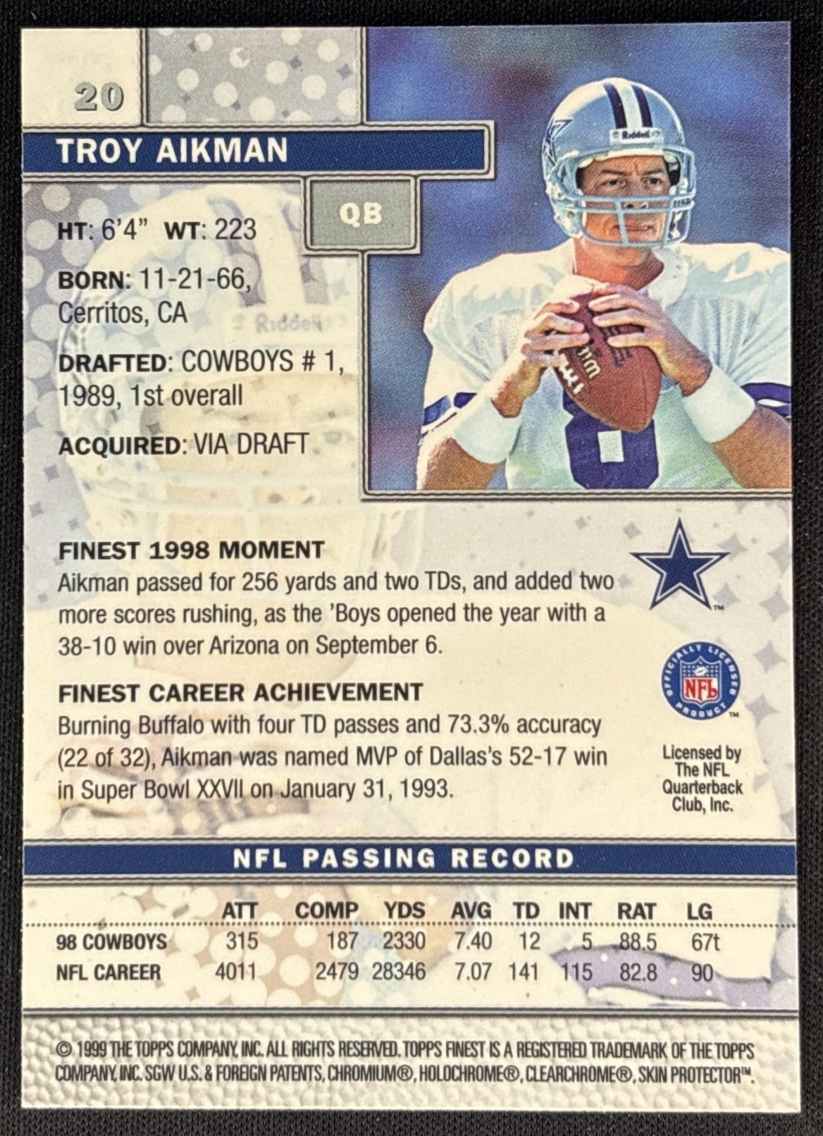 Troy Aikman 1999 Topps Finest Cowboys - Dallas Cowboys