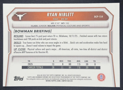 Ryan Niblett 2026 Bowman Chrome Prospects Mojo Refractor Longhorns