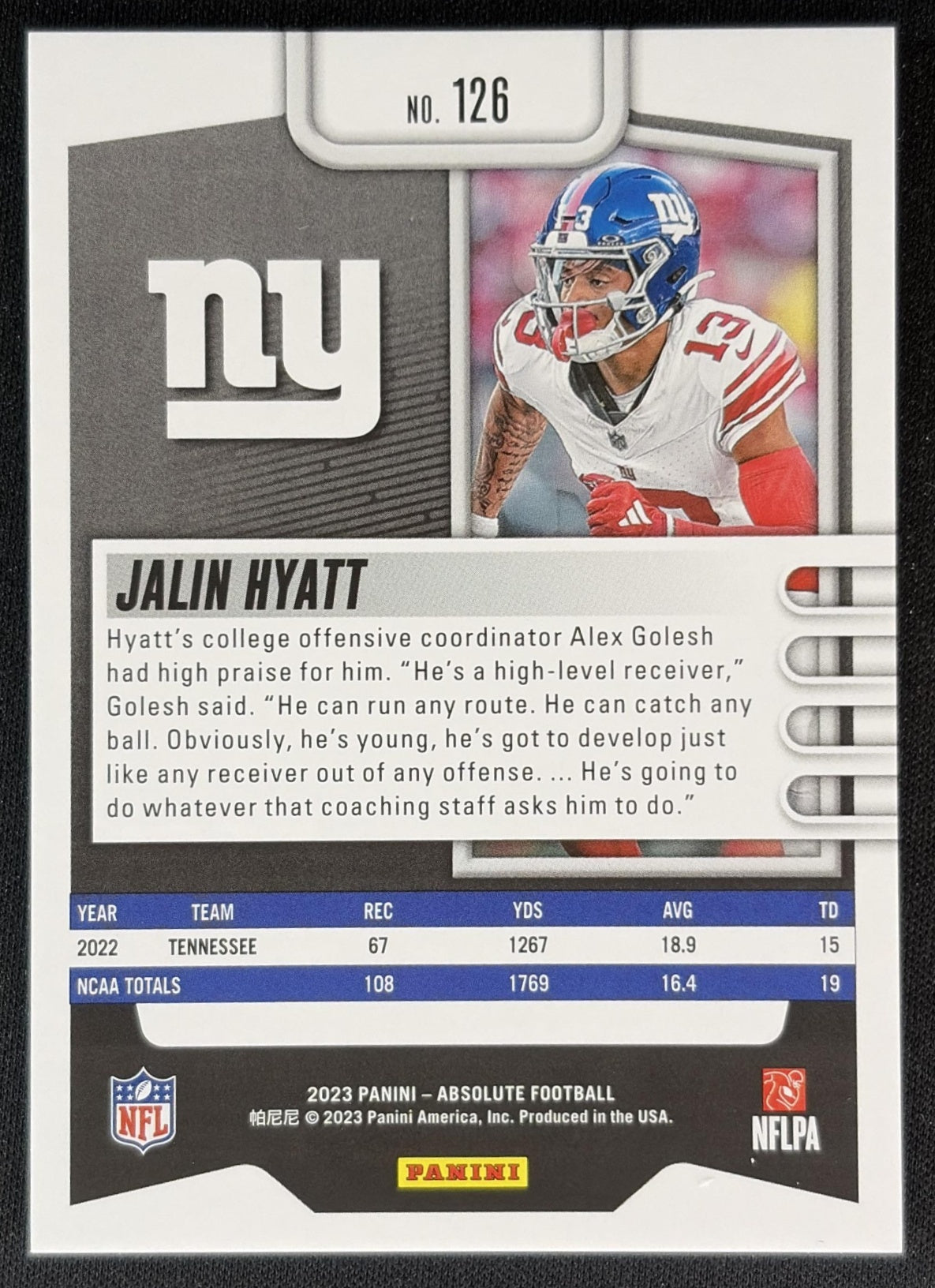 Jalin Hyatt 2023 Panini Absolute Silver Spectrum /275 Giants back