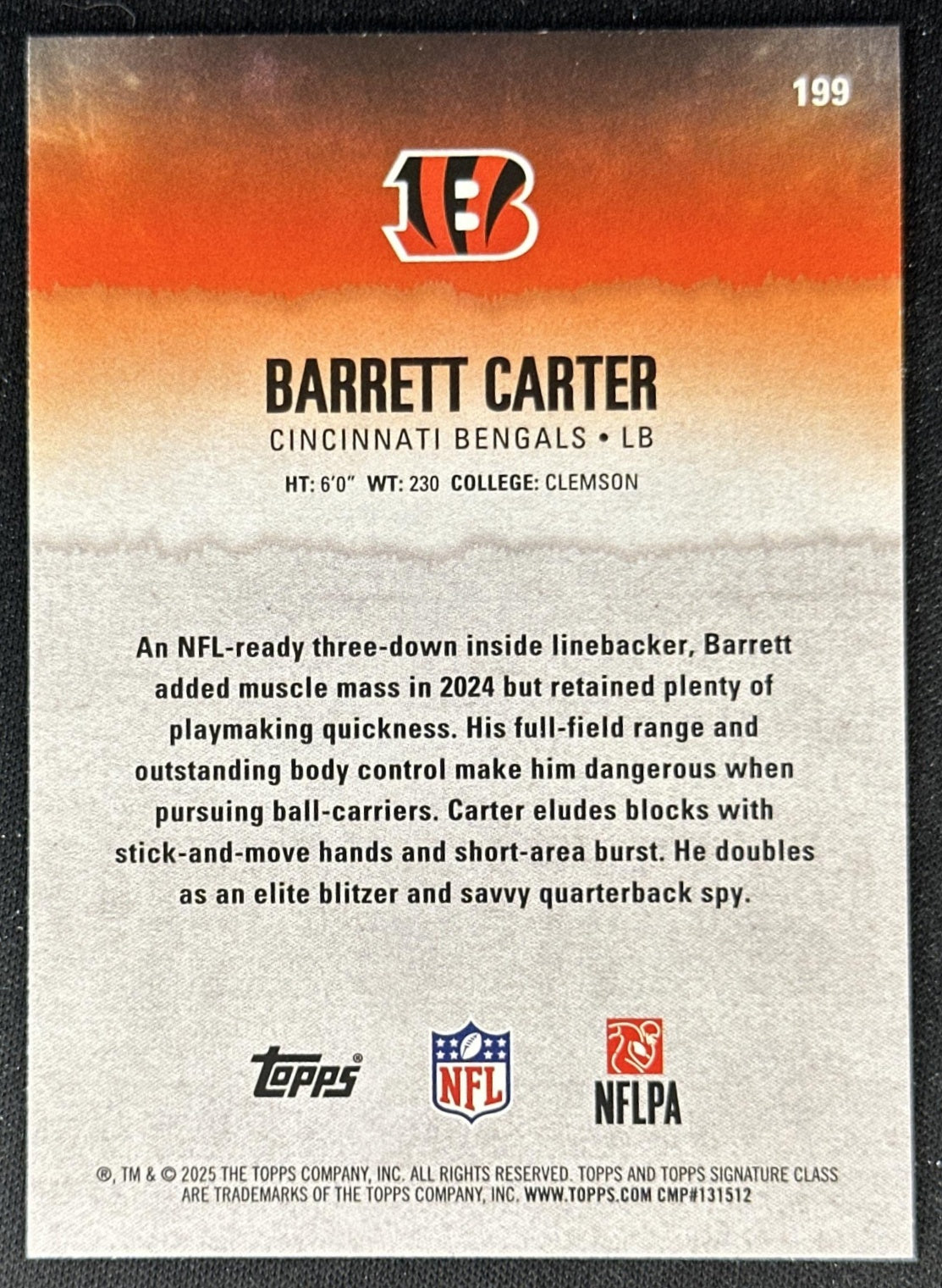 Barrett Carter 2025 Topps Signature Class Green & Purple Rookie Bengals back