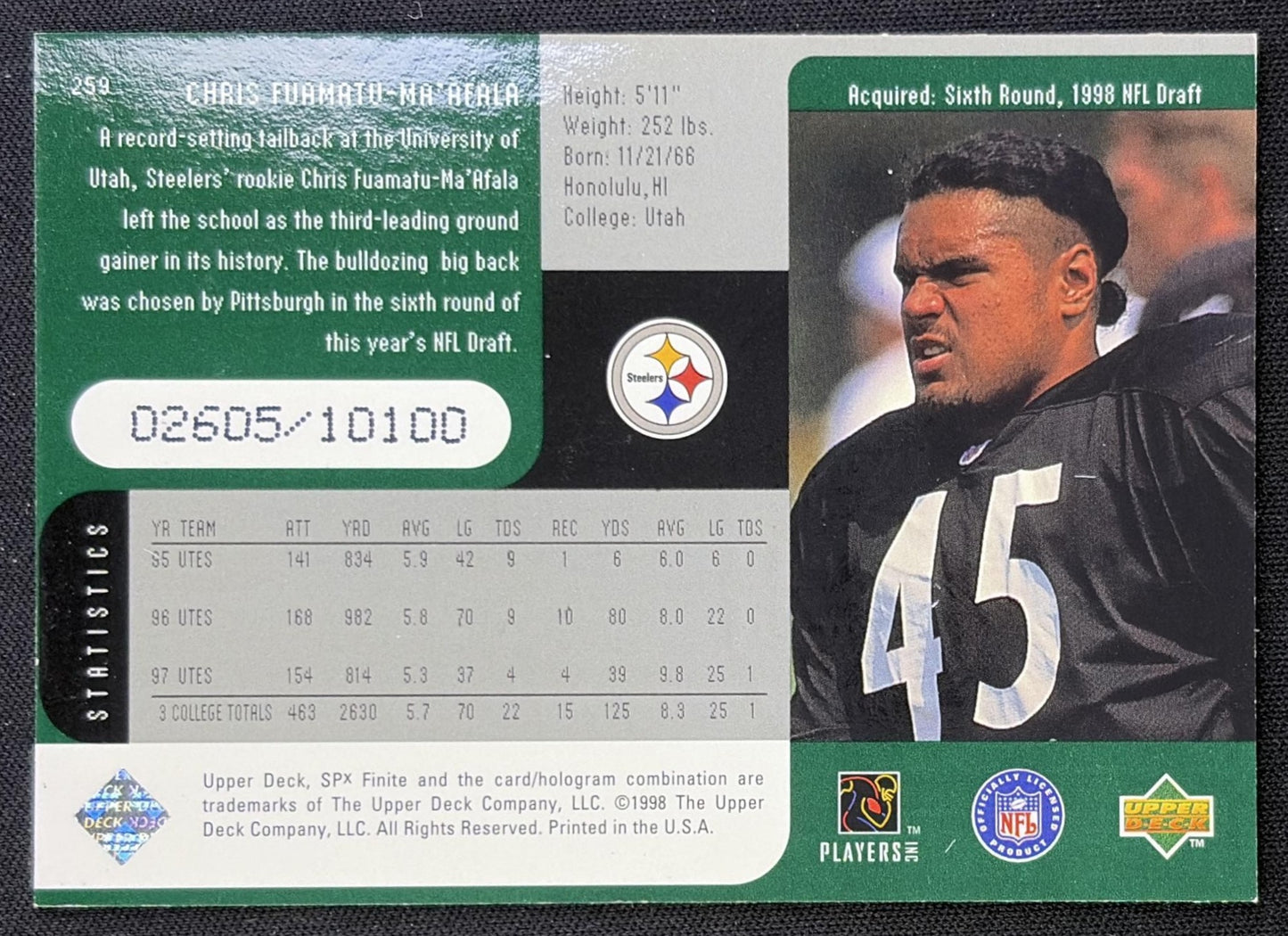 Chris Fuamatu-Ma afala 1998 SPx Finite /10100 Steelers