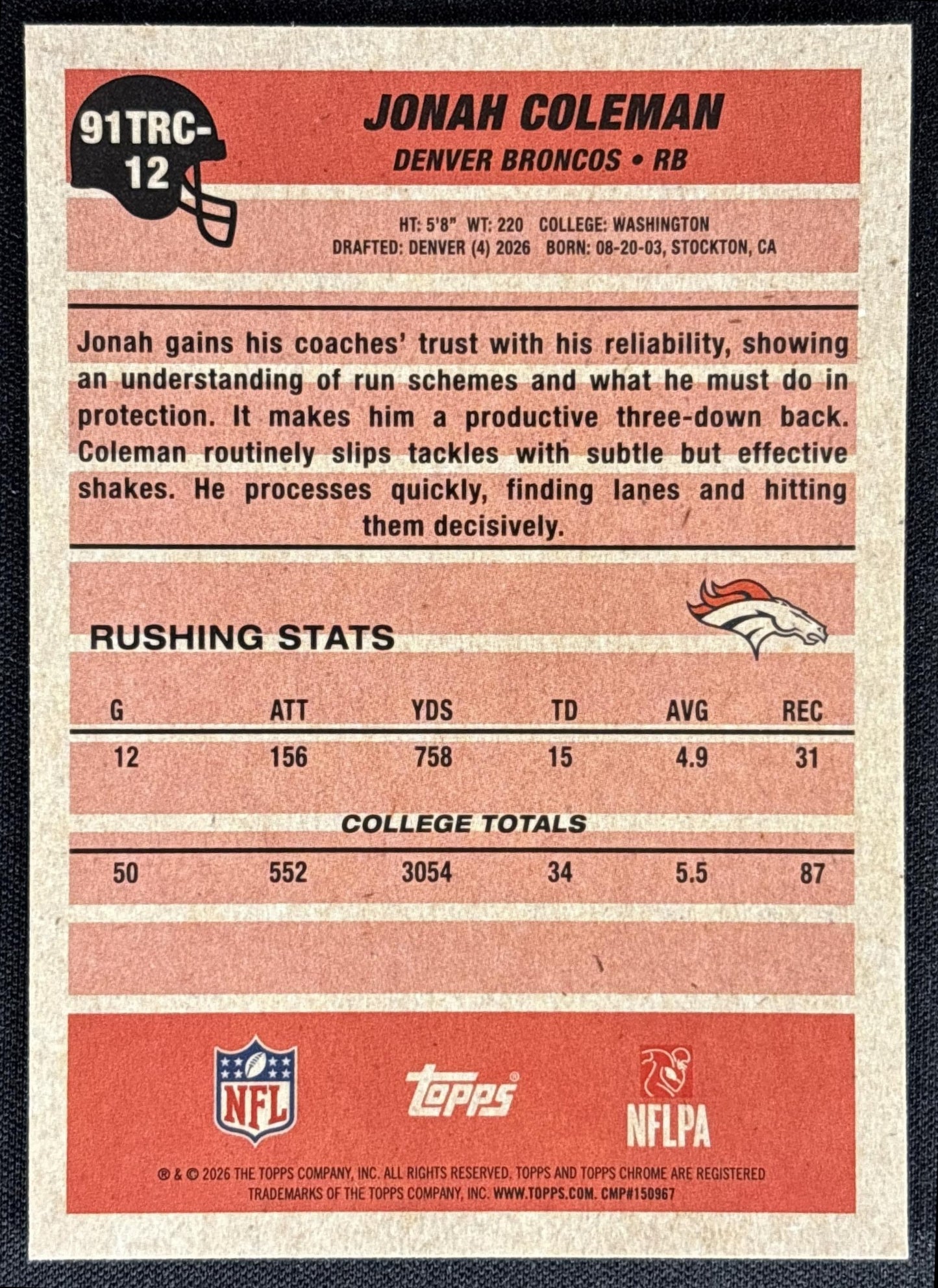 Jonah Coleman 2026 Topps 1991 Chrome Rookie Mojo Refractor Broncos