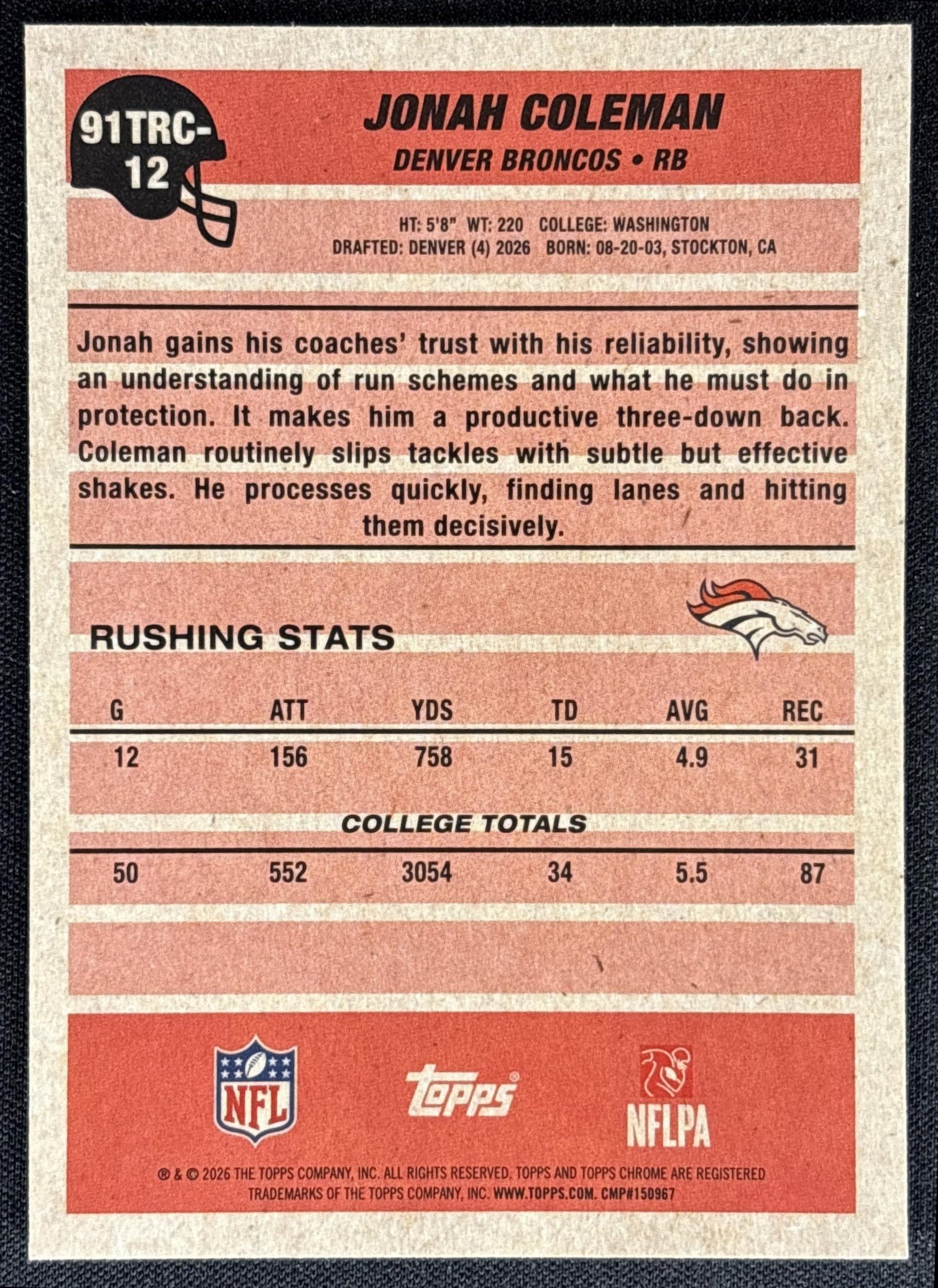 Jonah Coleman 2026 Topps 1991 Chrome Rookie Mojo Refractor Broncos