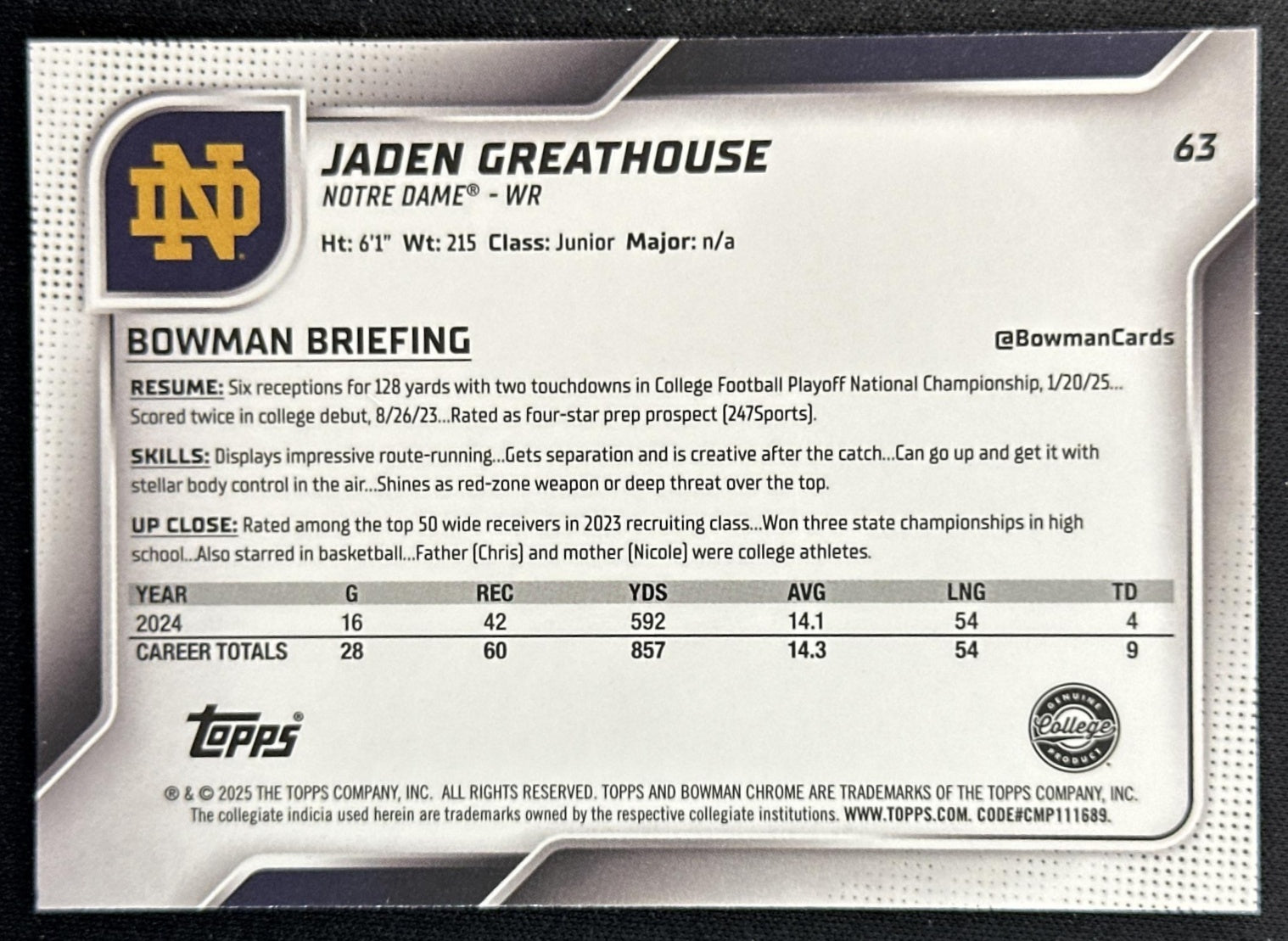 Jaden Greathouse 2025 Chrome University Prospects Purple Shimmer Refractor /75 Fighting Irish