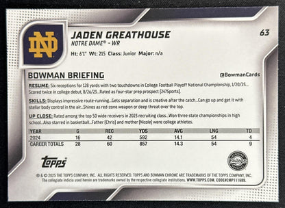 Jaden Greathouse 2025 Chrome University Prospects Purple Shimmer Refractor /75 Fighting Irish