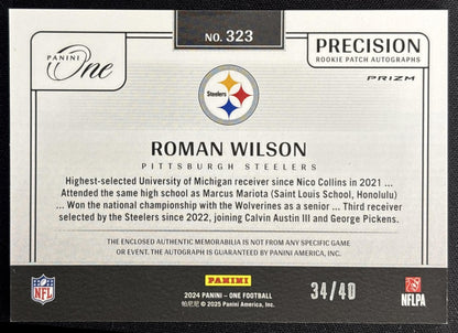 Roman Wilson 2024 Panini One Precision Rookie Patch Auto Green /40 Steelers Sports Trading Cards