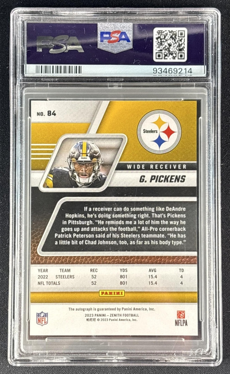 George Pickens 2023 Panini Zenith Auto Artist Proof Gold /10 PSA 10 Steelers Sports Trading Cards