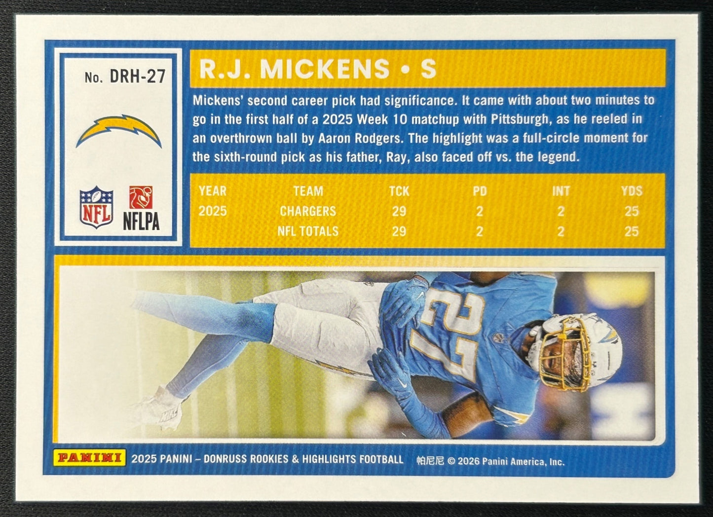 RJ Mickens 2025 Donruss The Rookies Chargers Sports Trading Card