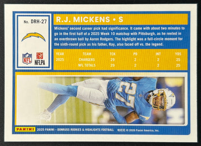 RJ Mickens 2025 Donruss The Rookies Chargers Sports Trading Card