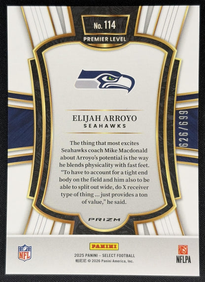 Elijah Arroyo 2025 Panini Select Premier Level Purple Prizm Shock /699 Seahawks Sports Trading Cards