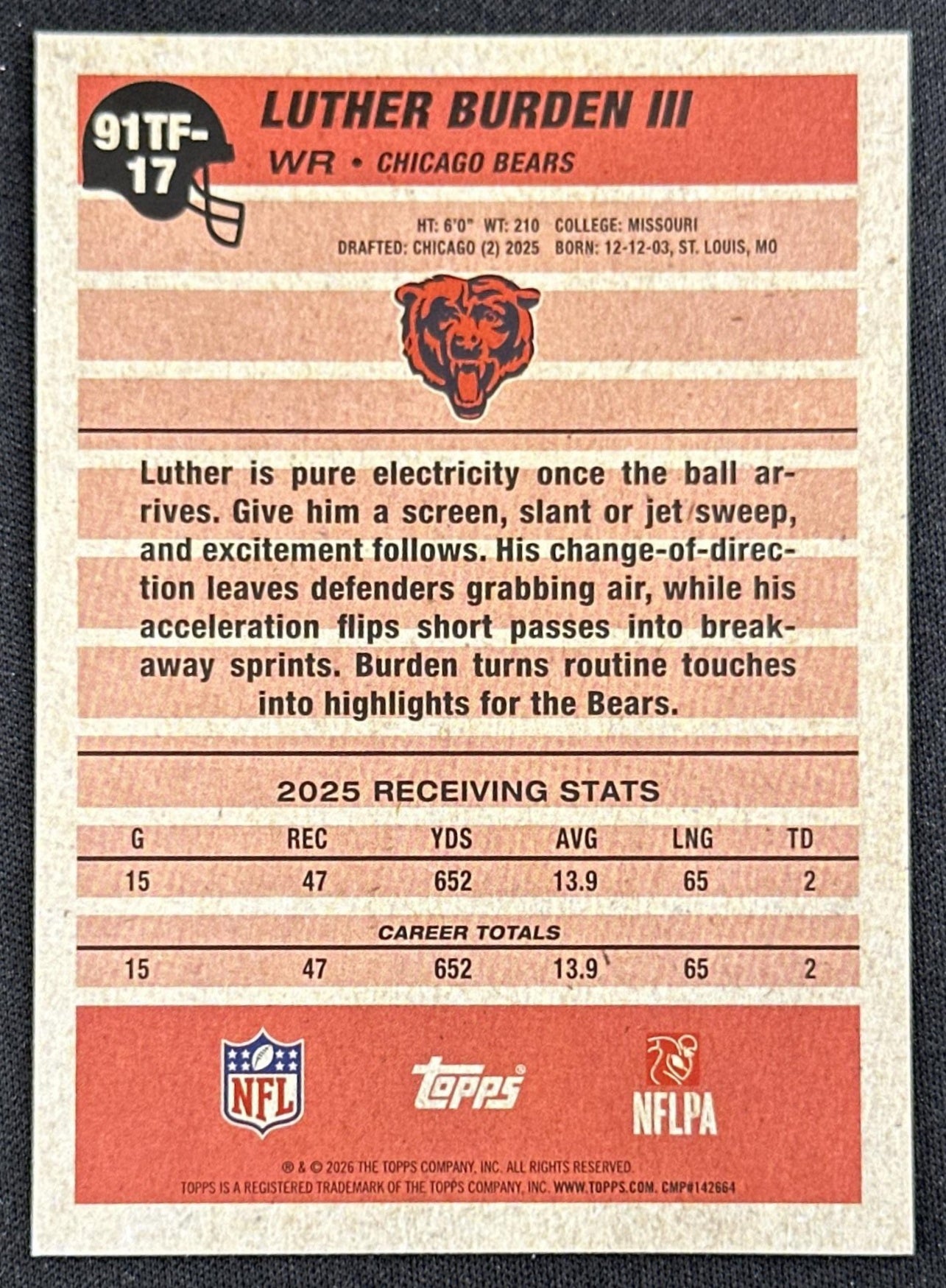 Luther Burden III 2026 Topps Flagship 1991 Bears